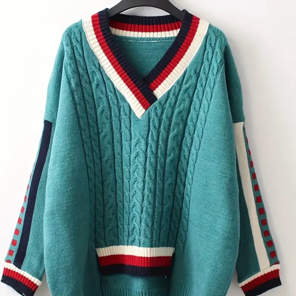 Chic Teal V-Neck Sweater with Striped Accents